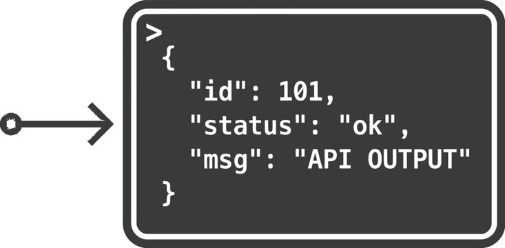 API output format highlights a JSON structured response object ready for web integration.