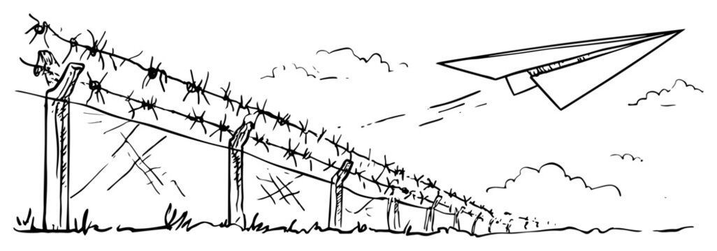 Paper plane flying over barbed wire fence against cloudy sky hand drawn sketch style