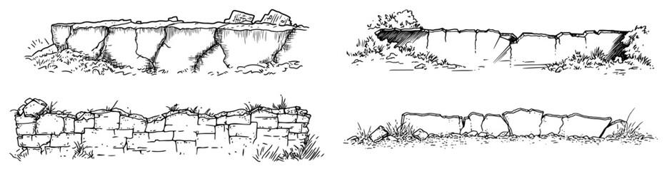 Obraz premium Ancient stone ruins and ruined wall foundations among wild grass in hand drawn ink sketch style