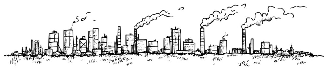Industrial factory skyline with smoking chimneys and manufacturing buildings hand drawn sketch style © Kaz