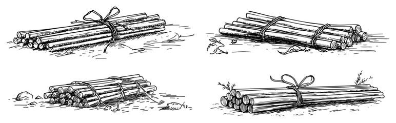 Bundles of wooden sticks tied with rope lying on the ground in hand drawn sketch style © Kaz