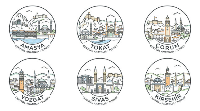 Set of Circular Turkey City Skyline Badge Icons Featuring Amasya, Tokat, &Ccedil;orum, Yozgat, Sivas and Kırşehir Vector Illustration