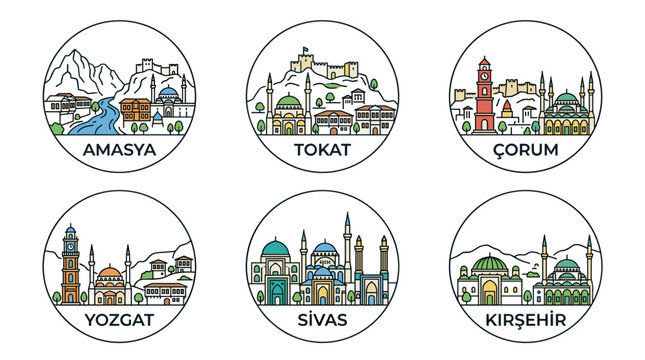 Central Anatolia Turkey Landmark Travel Icon Set Showcasing Amasya Tokat &Ccedil;orum Yozgat Sivas and Kırşehir Vector Illustration