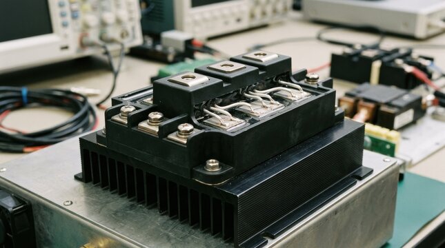 Detailed medium shot of an IGBT module featuring robust construction thick bond wires and integrated heat sink baseplate for highperformance electronic applications.