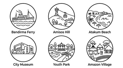 Obraz premium Minimal Circular Bandirma Landmark Icons Set Featuring Bandirma Ferry Amfitheater Hill Atatürk Beach City Museum Youth Park and Amazon Village Vector Illustration