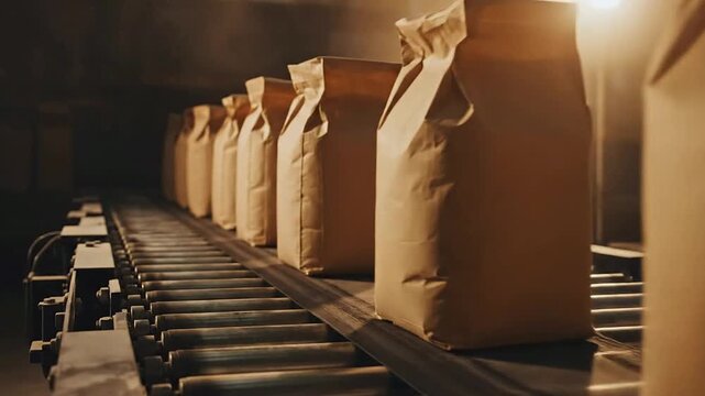 Close-Up View Of Blank Paper Flour Sacks Sliding On A Black Pallet Conveyor In A Factory Setting
