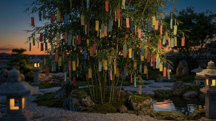 Fototapeta premium Japanese Garden With Colorful Paper Strips Hanging On Bamboo Tree At Dusk