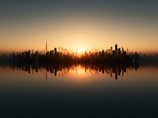 Fototapeta premium Panoramic city skyline at sunset with golden light and clear horizon over water