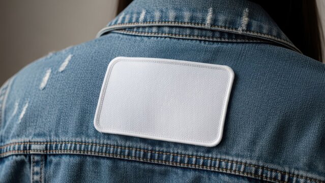 Close-up of a blue denim jacket featuring a blank white rectangular patch with visible Wallpaper Background image