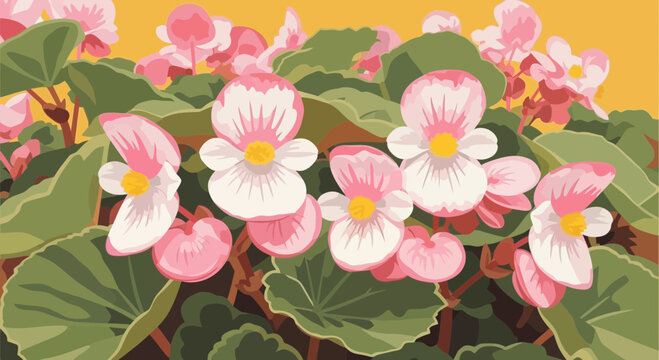 Pink And White Begonia Flowers Vector Illustration With Yellow Background