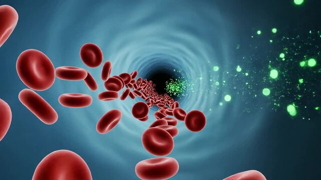 Conceptual Visualization of Healthy Blood Flow Through a Vessel Featuring Efficient Circulation of Red Blood Cells and Supporting Green Particles