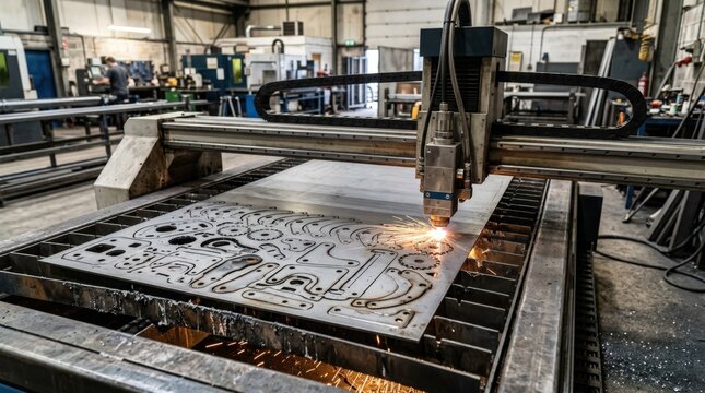 Medium shot capturing thin steel sheet as a laser cutter nests and slices detailed parts showcasing efficiency and sharp accuracy in fabrication.