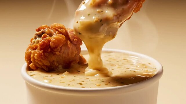Crispy Chicken Wing Dipping Into Creamy Garlic-Style Sauce With Steam Rising - Perfect For Delicious Food Photography Projects