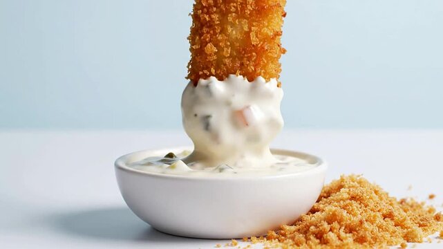 Crispy Fish Stick Sliding Into Creamy Tartar Sauce Surrounded By Breading Crumbs On A Clean Studio Background