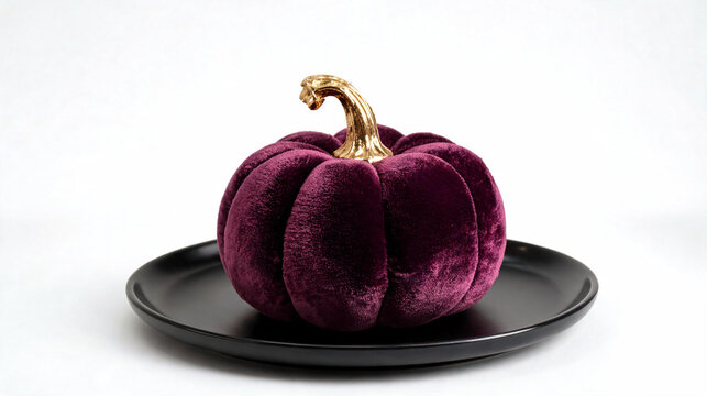 pumpkin with gold stem on black plate, autumn thanksgiving halloween decoration, harvest decor, luxury home styling, fall centerpiece, plush fabric squash, elegant table setting.