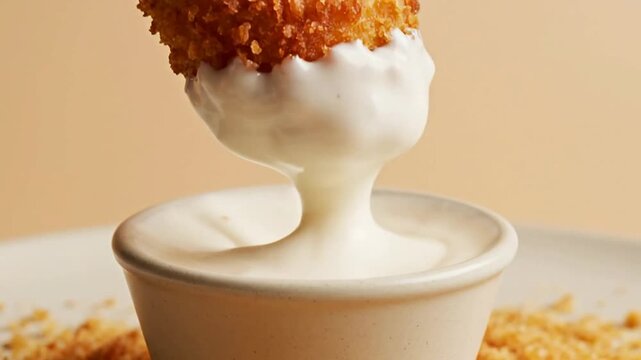 Delicious Breaded Jalape?o Popper Being Dipped Into Creamy White Sauce On A Plate With Neutral Background