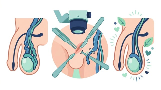 Illustrations depict the steps of microsurgery for varicocele repair focusing on male fertility and sperm health.
