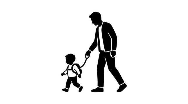 Father walking his toddler child with a safety harness leash attached to the backpack, concept of modern parenting, child safety, control, and hyperactive kids, black and white vector silhouette.