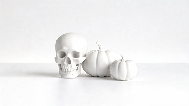 Skull, halloween pumpkin, minimalist spooky decor, autumn pumpkin, white-on-white composition, ceramic skull, skull, pumpkin, halloween, decor.