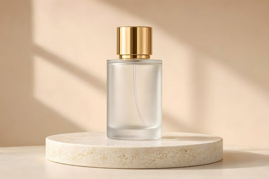 Minimalist 3D render of a luxury frosted glass perfume bottle with a gold cap on a premium stone podium, soft elegant beige background for cosmetics mockup product display
