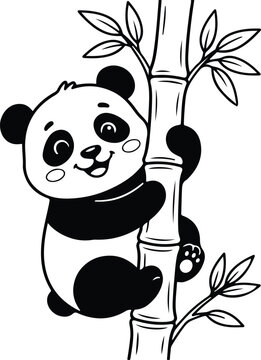 Cute baby panda hugging bamboo stalk. Adorable bear cub illustration for nursery wall decor.