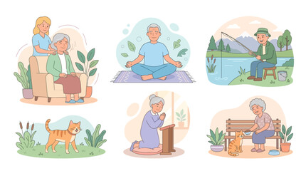 Fototapeta premium Diverse elderly individuals engaging in outdoor and indoor activities showcasing relaxation hobbies and companionship for senior