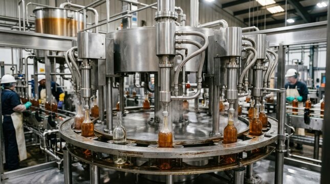 Medium shot of rotary bottle filler assembling multihead units for precise hotfill liquid packaging showcasing stainless steel components and heated filling nozzles.