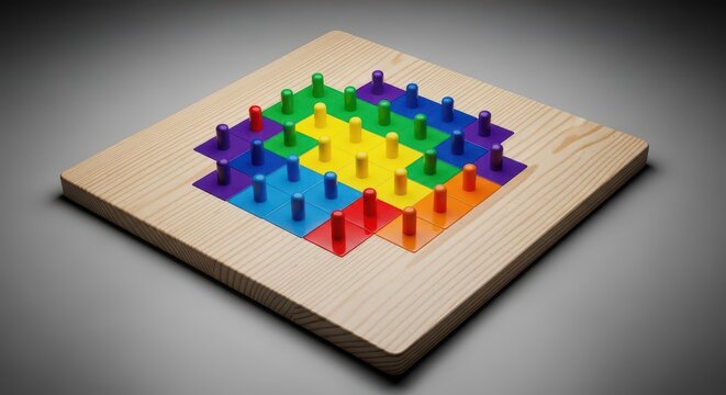 A natural wooden square pegboard sits on a neutral surface with colorful pegs arranged in a geometric pattern under soft studio lighting, pattern, object, motor