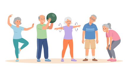 Fototapeta premium Happy elderly people engaging in various physical activities to promote health and well-being in a lively community setting