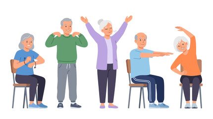 Obraz premium Joyful elderly group engaging in light exercise and social connection indoors