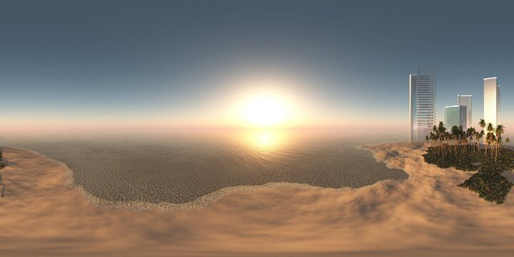 HDRI High resolution map. environment map, Round panorama, spherical panorama, equidistant projection, panoramic landscape of the oasis in the desert, 3D rendering