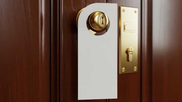 A blank white door hanger on a polished golden brass doorknob of a dark wooden door offers Wallpaper Background image