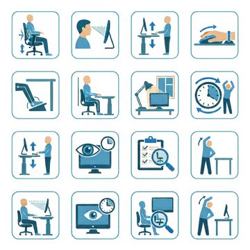 Icons displaying different workplace activities that promote ergonomics, posture, and musculoskeletal injury prevention in office settings
