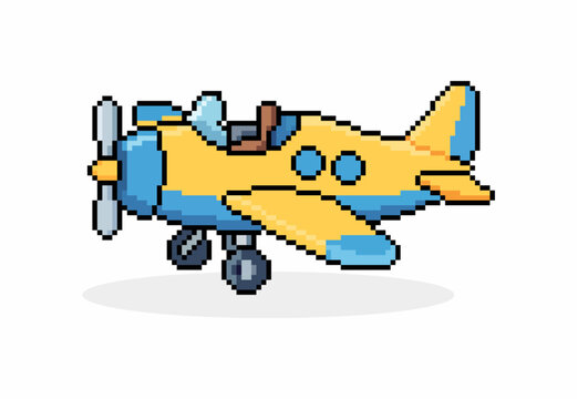 Pixel art toy airplane icon isolated on white background. Retro 8-bit pixel art propeller plane vector illustration.