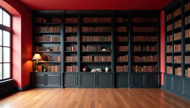 Tall dark bookshelves filled with old books line a room with red walls and a wooden floor. A large window lets in natural light, illuminating a reading lamp and open books.