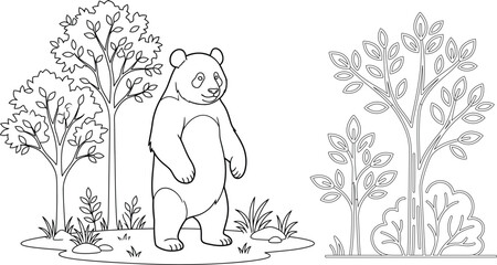 Standing panda between trees line art illustration for kids coloring page © MonoarHossain