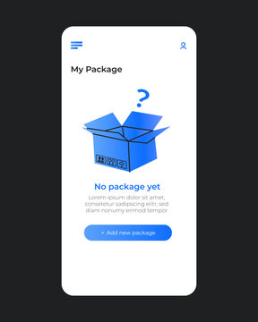 Empty state mobile app screen for logistics and package management. Modern UI template encouraging users to add parcels for shipment tracking.
