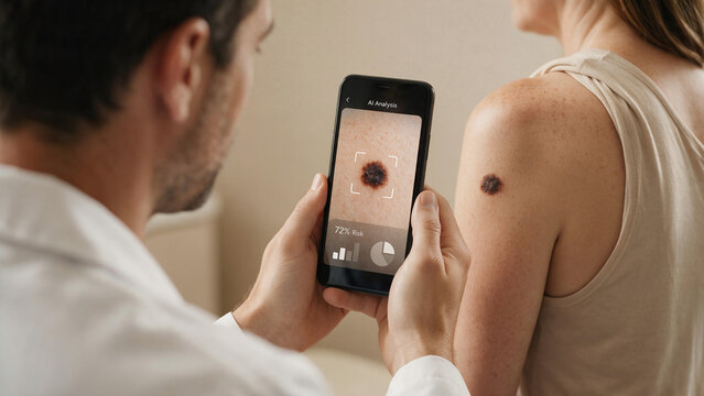 Doctor using smartphone AI analysis to examine a suspicious skin mole on a woman's shoulder during digital melanoma screening.