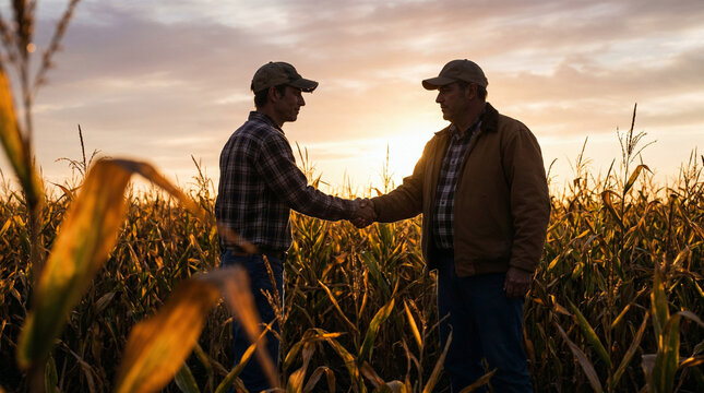 Two farmers shaking hands after reaching an agricultural agreement in a cornfield at sunset.