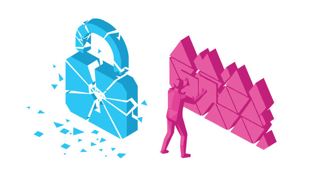Person in blue breaks a lock while a person in magenta constructs a wall representing themes of security challenges and protection.
