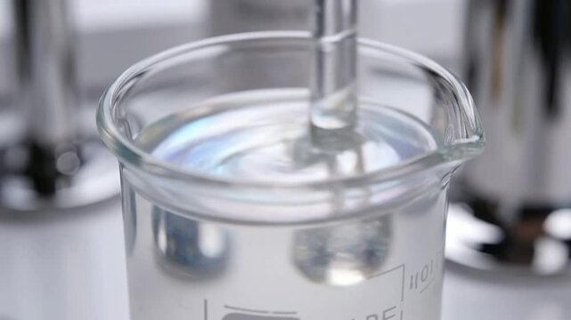 Extreme Macro View Of Pearlescent Liquid Soap Being Stirred In Laboratory Beaker