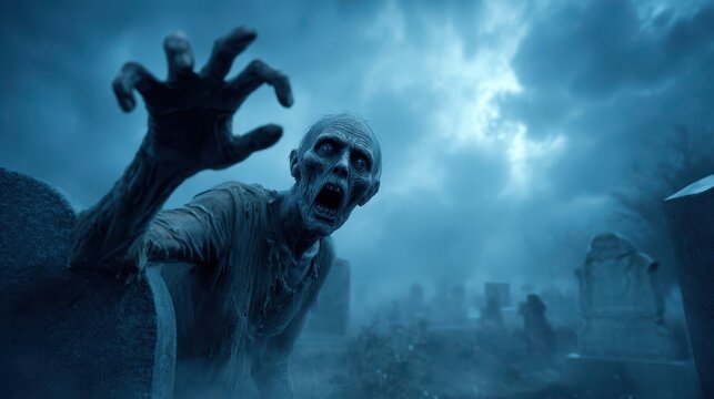 Terrifying Zombie Rising from Graveyard Reaching Forward in Dark Foggy Halloween Horror Scene