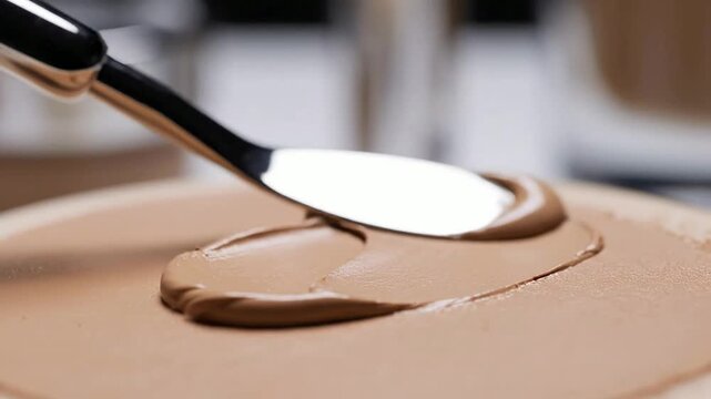 Extreme Macro View Of Warm Beige Foundation Being Spread With Spatula On Smooth Surface Ideal For Cosmetics And Beauty Applications