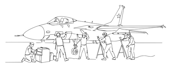 Obraz premium fighter jet maintenance ground crew outline