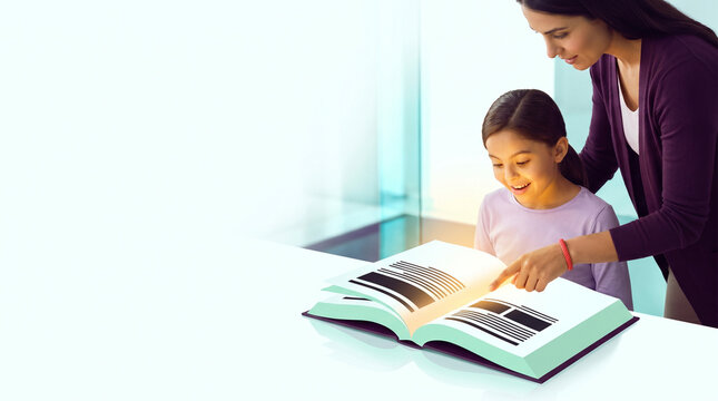 Mother reading to daughter from book while studying at table  