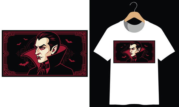 Vampire portrait gothic art print on white shirt for halloween clothing