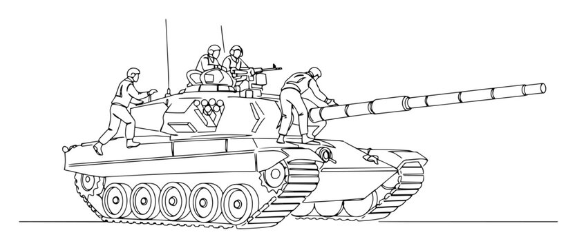 tank crew boarding armored vehicle contemporary single line art in abstract vector format