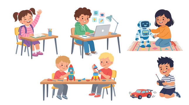 Children engaging in diverse educational and recreational activities in a vibrant classroom setting with technology and toys