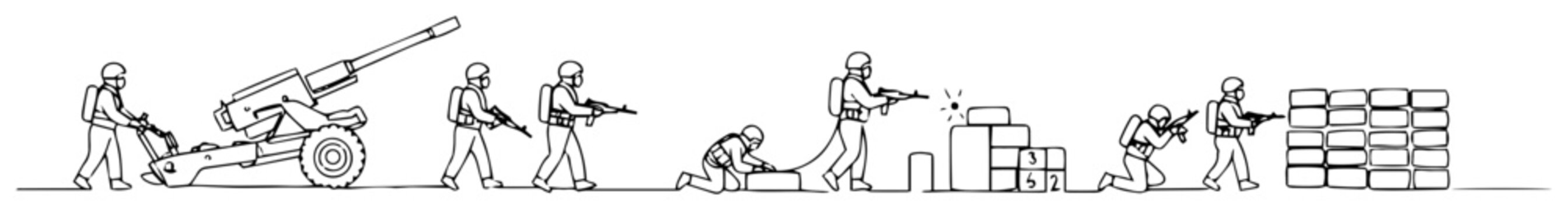 ground troops advancing with artillery support contemporary single line art in abstract vector format