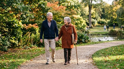 Obraz premium Elderly couple holding hands walking on a path in a park during autumn with colorful foliage and a pond in the background